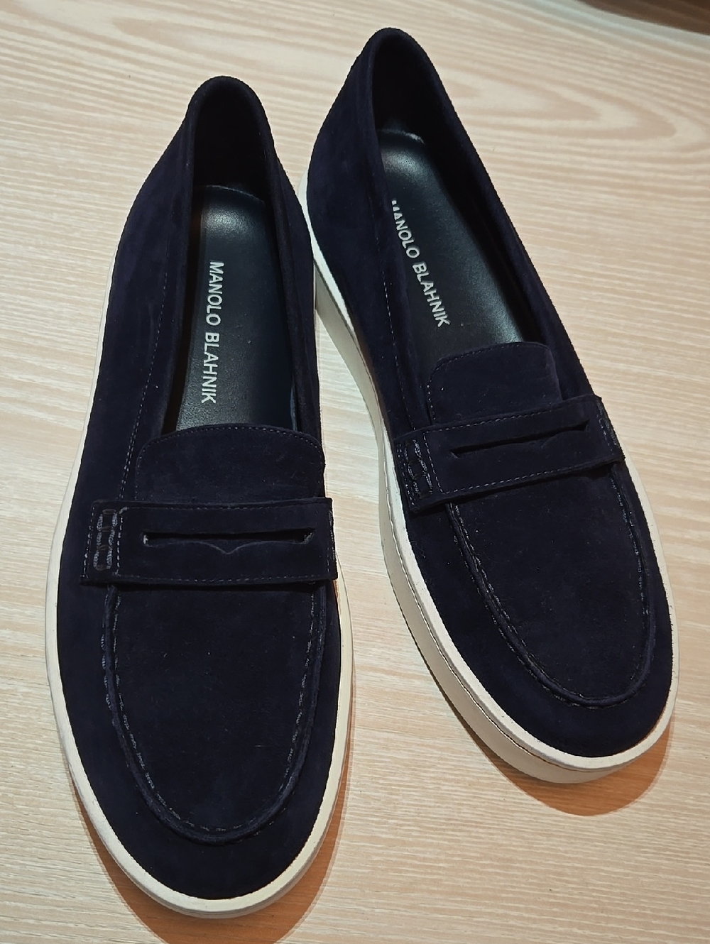 Manolo Blahnik Navy blue suede slip-on loafers